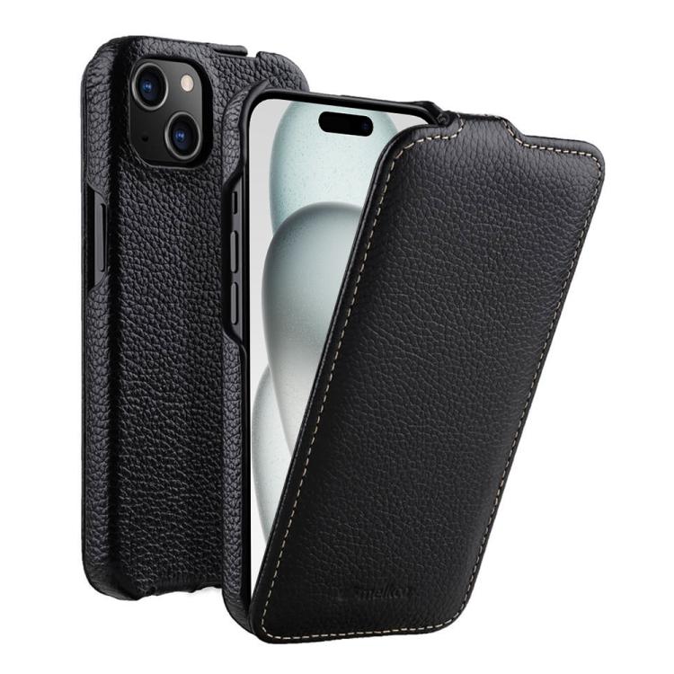 melkco Custodia per telefono in vera pelle con motivo litchi, apertura verticale magnetica, For iPhone 15 Pro, For iPhone 15, For iPhone 14, For iPhone 14 Pro
