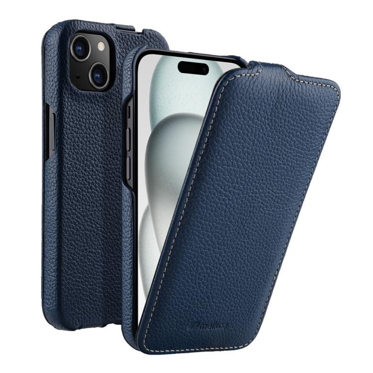 melkco Custodia per telefono in vera pelle con motivo litchi, apertura verticale magnetica, For iPhone 15 Pro, For iPhone 15, For iPhone 14, For iPhone 14 Pro