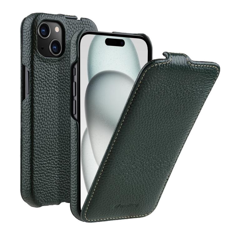 melkco Custodia per telefono in vera pelle con motivo litchi, apertura verticale magnetica, For iPhone 15 Pro, For iPhone 15, For iPhone 14, For iPhone 14 Pro