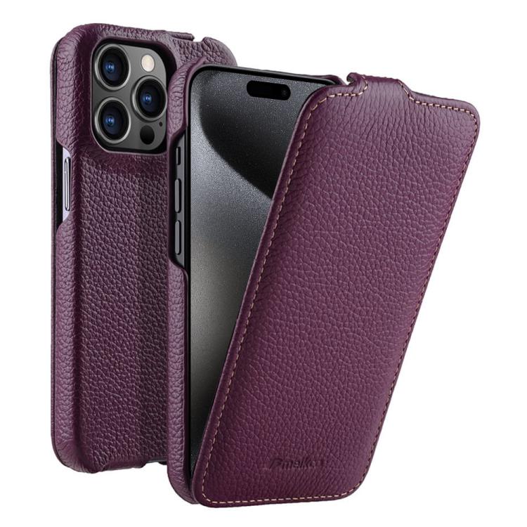 melkco Custodia per telefono in vera pelle con motivo litchi, apertura verticale magnetica, For iPhone 15 Pro, For iPhone 15, For iPhone 14, For iPhone 14 Pro