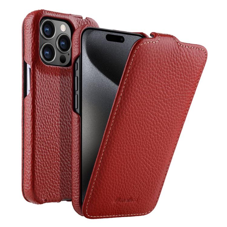 melkco Custodia per telefono in vera pelle con motivo litchi, apertura verticale magnetica, For iPhone 15 Pro, For iPhone 15, For iPhone 14, For iPhone 14 Pro
