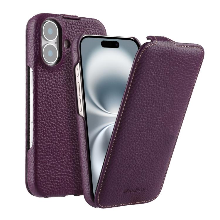 melkco Custodia per telefono in vera pelle con motivo litchi, apertura verticale magnetica, For iPhone 16 Pro Max, For iPhone 16 Pro, For iPhone 16, For iPhone 15 Pro Max