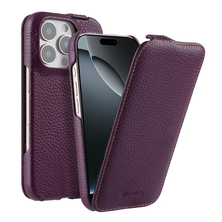 melkco Custodia per telefono in vera pelle con motivo litchi, apertura verticale magnetica, For iPhone 16 Pro Max, For iPhone 16 Pro, For iPhone 16, For iPhone 15 Pro Max