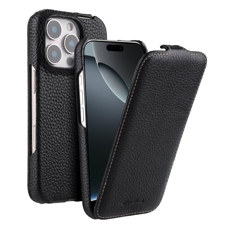 melkco Custodia per telefono in vera pelle con motivo litchi, apertura verticale magnetica, For iPhone 16 Pro Max, For iPhone 16 Pro, For iPhone 16, For iPhone 15 Pro Max