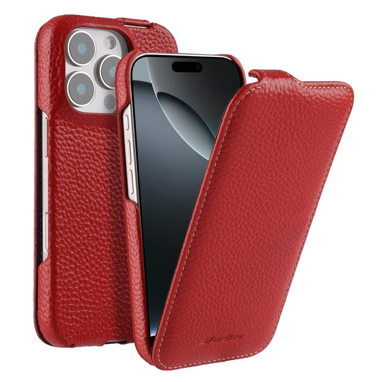 melkco Custodia per telefono in vera pelle con motivo litchi, apertura verticale magnetica, For iPhone 16 Pro Max, For iPhone 16 Pro, For iPhone 16, For iPhone 15 Pro Max