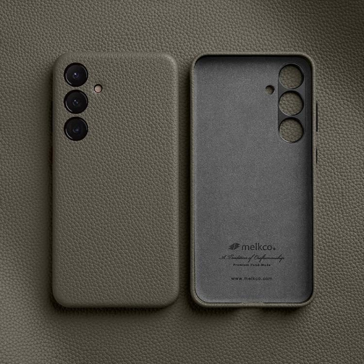 Custodia per telefono melkco in vera pelle con texture litchi e cornice metallica per l'obiettivo., For Samsung Galaxy S24 Ultra 5G, For Samsung Galaxy S24+ 5G, For Samsung Galaxy S24 5G
