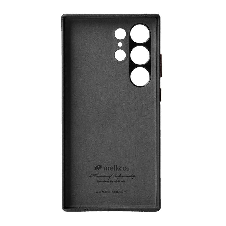 Custodia per telefono melkco in vera pelle con texture litchi e cornice metallica per l'obiettivo., For Samsung Galaxy S24 Ultra 5G, For Samsung Galaxy S24+ 5G, For Samsung Galaxy S24 5G