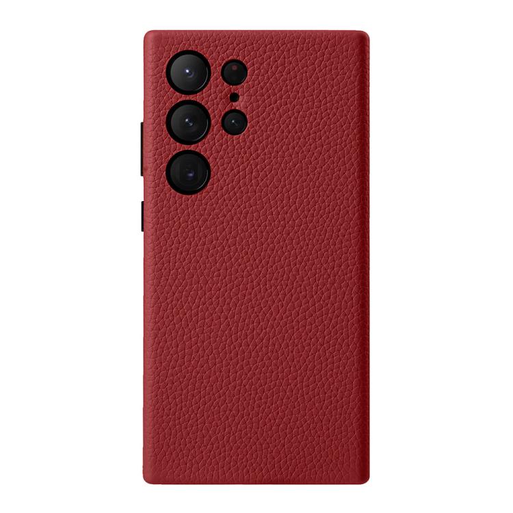 Custodia per telefono melkco in vera pelle con texture litchi e cornice metallica per l'obiettivo., For Samsung Galaxy S24 Ultra 5G, For Samsung Galaxy S24+ 5G, For Samsung Galaxy S24 5G