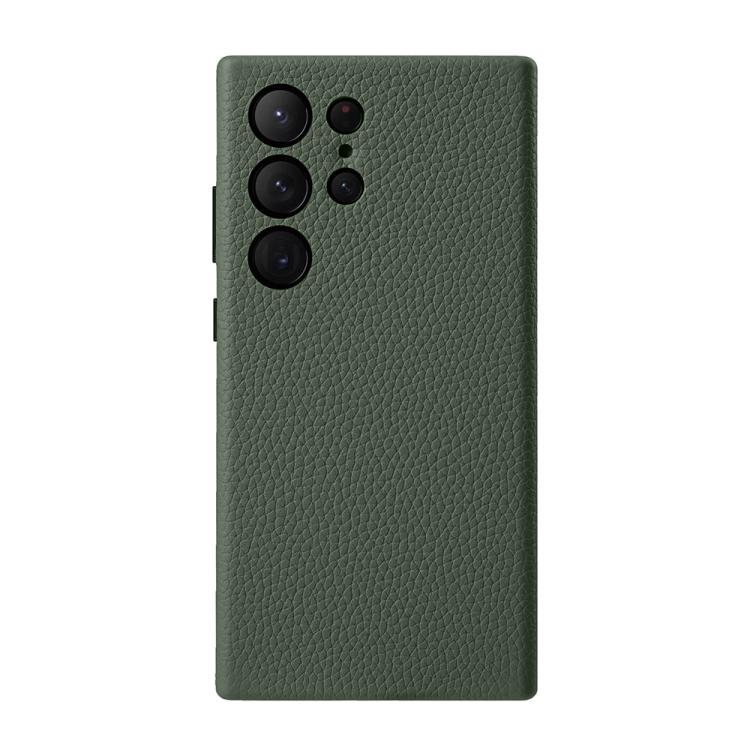 Custodia per telefono melkco in vera pelle con texture litchi e cornice metallica per l'obiettivo., For Samsung Galaxy S24 Ultra 5G, For Samsung Galaxy S24+ 5G, For Samsung Galaxy S24 5G