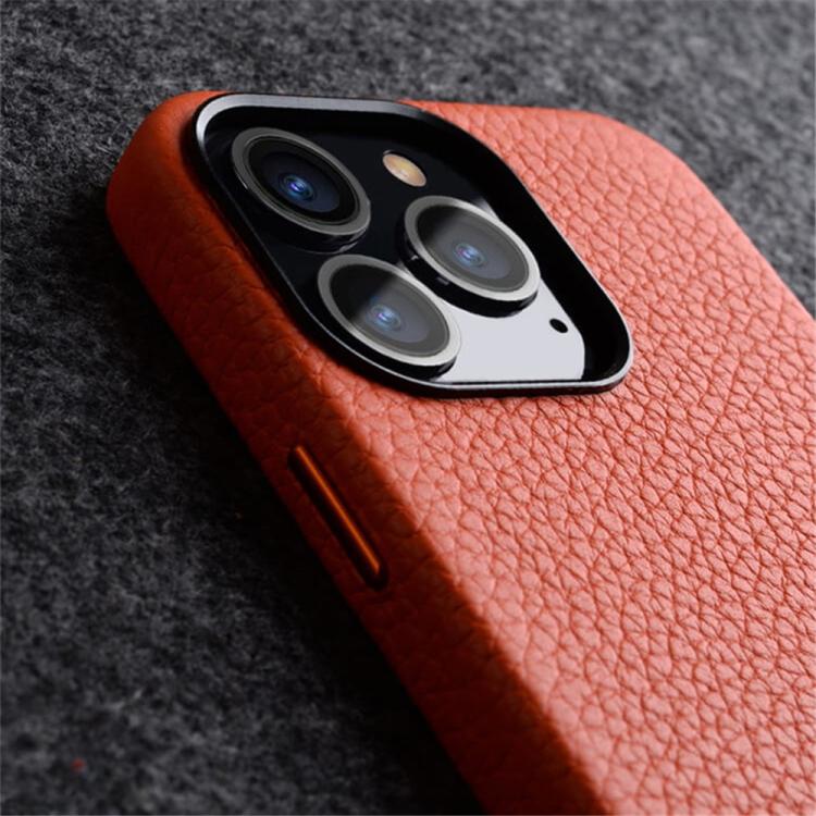 Custodia per telefono melkco in vera pelle con texture litchi e cornice metallica per l'obiettivo., For iPhone 14 Pro, For iPhone 14 Pro Max, For iPhone 13 Pro Max, For iPhone 13 Pro