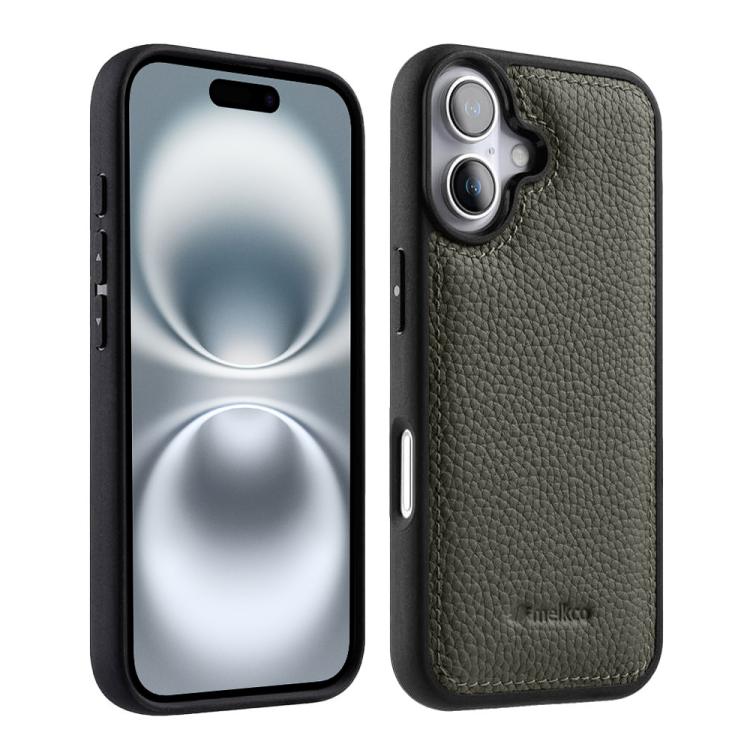 Melkco - Custodia ibrida per telefono in vera pelle con texture litchi a copertura totale., For iPhone 16