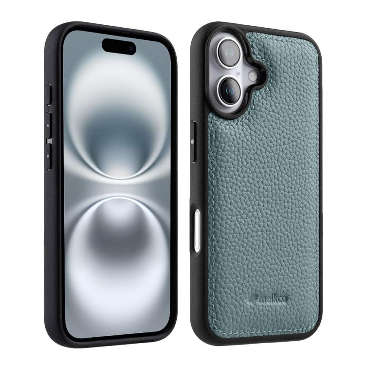 Melkco - Custodia ibrida per telefono in vera pelle con texture litchi a copertura totale., For iPhone 16