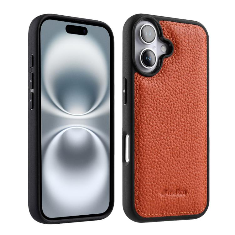 Melkco - Custodia ibrida per telefono in vera pelle con texture litchi a copertura totale., For iPhone 16