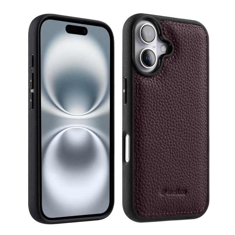 Melkco - Custodia ibrida per telefono in vera pelle con texture litchi a copertura totale., For iPhone 16