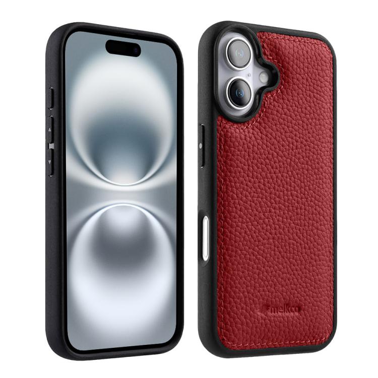 Melkco - Custodia ibrida per telefono in vera pelle con texture litchi a copertura totale., For iPhone 16