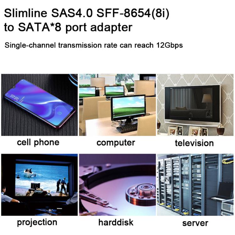 WG192 Slimline SAS4.0 SFF-8654 8i to SATAx8 Server Hard Drive High-Speed ??Adapter Cable, 0.5m Elbow, 0.8m Straight Head