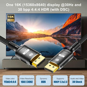 WG231 16K 60Hz DisplayPort 2.1 Male to DisplayPort 2.1 Male HD Adapter Cable, 1m, 2m, 3m