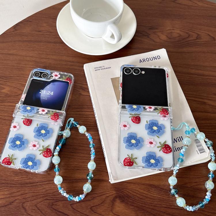 Custodia per telefono antiurto con cinturino e motivo a fiori e bacche blu., For Samsung Galaxy Z Flip7 5G, For Samsung Galaxy Z Flip6/5
