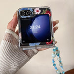 Custodia per telefono antiurto con cinturino e motivo a fiori e bacche blu., For Samsung Galaxy Z Flip7 5G, For Samsung Galaxy Z Flip6/5