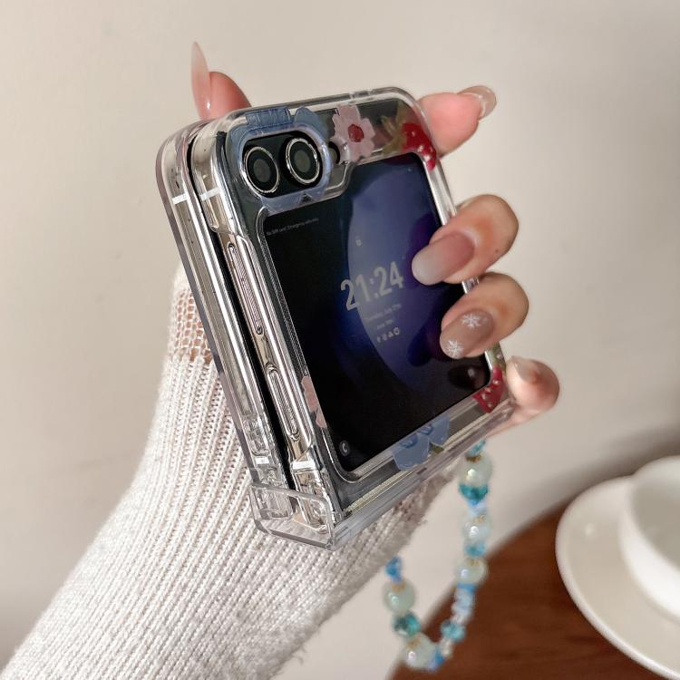 Custodia per telefono antiurto con cinturino e motivo a fiori e bacche blu., For Samsung Galaxy Z Flip7 5G, For Samsung Galaxy Z Flip6/5