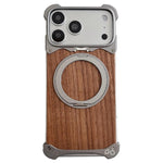 Custodia per telefono magnetica senza cornice in metallo e legno di noce leopardato con rotazione a 360°., For iPhone 17 Pro Max, For iPhone 17 Pro