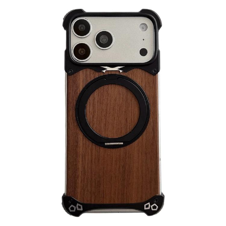 Custodia per telefono magnetica senza cornice in metallo e legno di noce leopardato con rotazione a 360°., For iPhone 17 Pro Max, For iPhone 17 Pro