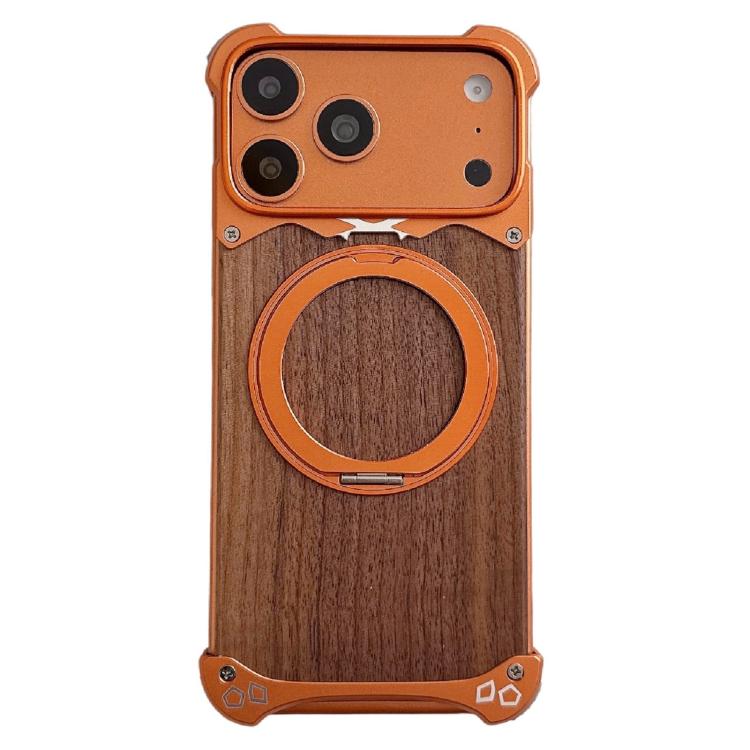 Custodia per telefono magnetica senza cornice in metallo e legno di noce leopardato con rotazione a 360°., For iPhone 17 Pro Max, For iPhone 17 Pro
