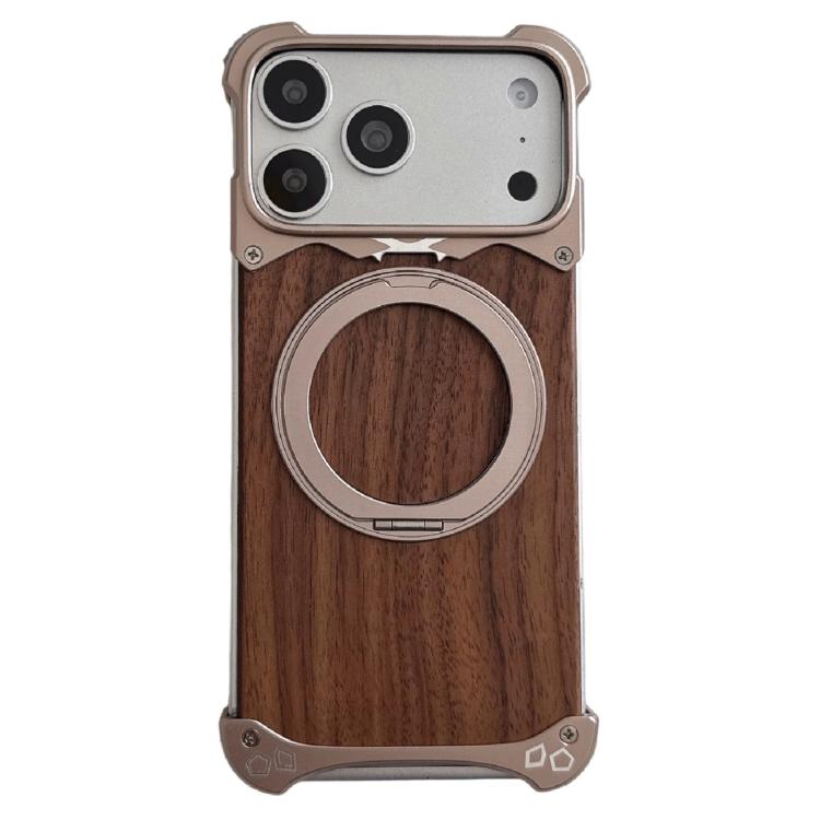 Custodia per telefono magnetica senza cornice in metallo e legno di noce leopardato con rotazione a 360°., For iPhone 17 Pro Max, For iPhone 17 Pro