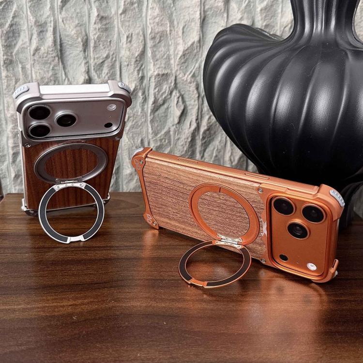 Custodia per telefono magnetica senza cornice in metallo e legno di noce leopardato con rotazione a 360°., For iPhone 17 Pro Max, For iPhone 17 Pro