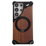 Custodia per telefono magnetica senza cornice in metallo e legno di noce leopardato con rotazione a 360°., For Samsung Galaxy S26 Ultra 5G, For Samsung Galaxy S25 Ultra 5G, For Samsung Galaxy S24 Ultra 5G, For Samsung Galaxy S23 Ultra 5G