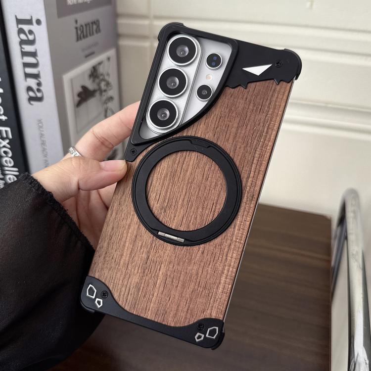Custodia per telefono magnetica senza cornice in metallo e legno di noce leopardato con rotazione a 360°., For Samsung Galaxy S26 Ultra 5G, For Samsung Galaxy S25 Ultra 5G, For Samsung Galaxy S24 Ultra 5G, For Samsung Galaxy S23 Ultra 5G