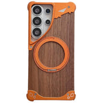 Custodia per telefono magnetica senza cornice in metallo e legno di noce leopardato con rotazione a 360°., For Samsung Galaxy S26 Ultra 5G, For Samsung Galaxy S25 Ultra 5G, For Samsung Galaxy S24 Ultra 5G, For Samsung Galaxy S23 Ultra 5G