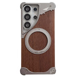 Custodia per telefono magnetica senza cornice in metallo e legno di noce leopardato con rotazione a 360°., For Samsung Galaxy S26 Ultra 5G, For Samsung Galaxy S25 Ultra 5G, For Samsung Galaxy S24 Ultra 5G, For Samsung Galaxy S23 Ultra 5G