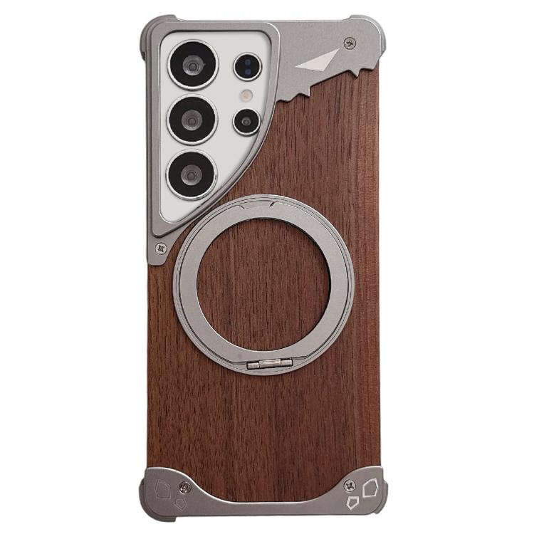 Custodia per telefono magnetica senza cornice in metallo e legno di noce leopardato con rotazione a 360°., For Samsung Galaxy S26 Ultra 5G, For Samsung Galaxy S25 Ultra 5G, For Samsung Galaxy S24 Ultra 5G, For Samsung Galaxy S23 Ultra 5G