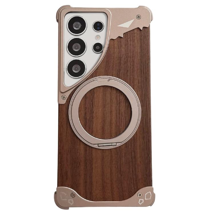 Custodia per telefono magnetica senza cornice in metallo e legno di noce leopardato con rotazione a 360°., For Samsung Galaxy S26 Ultra 5G, For Samsung Galaxy S25 Ultra 5G, For Samsung Galaxy S24 Ultra 5G, For Samsung Galaxy S23 Ultra 5G
