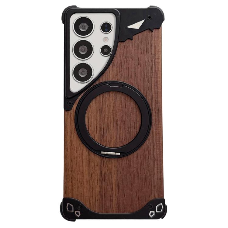 Custodia per telefono magnetica senza cornice in metallo e legno di noce leopardato con rotazione a 360°., For Samsung Galaxy S26 Ultra 5G, For Samsung Galaxy S25 Ultra 5G, For Samsung Galaxy S24 Ultra 5G, For Samsung Galaxy S23 Ultra 5G
