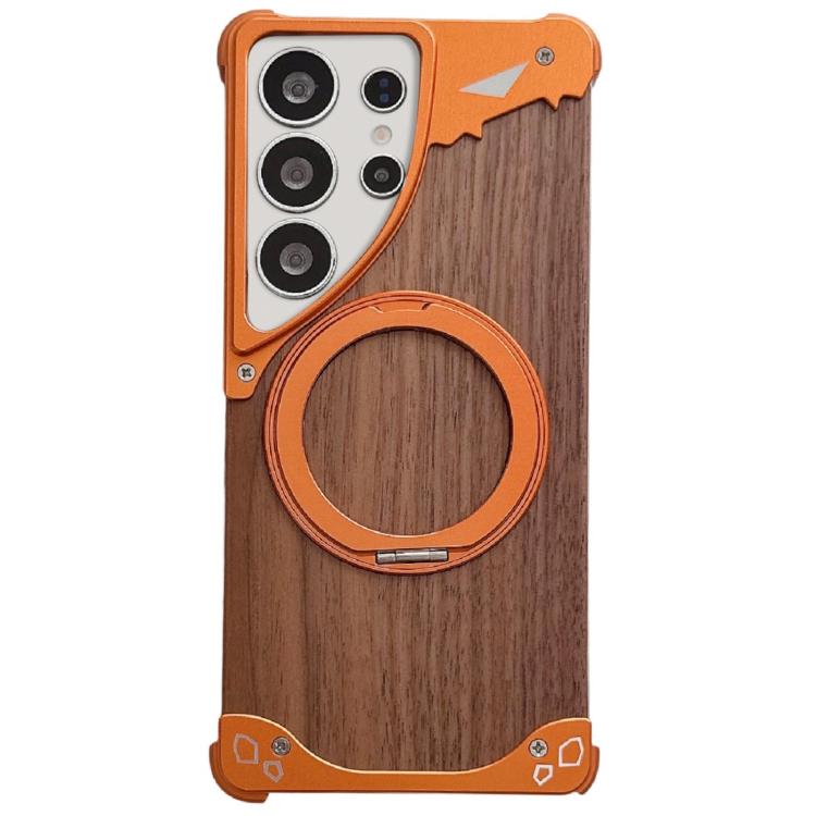 Custodia per telefono magnetica senza cornice in metallo e legno di noce leopardato con rotazione a 360°., For Samsung Galaxy S26 Ultra 5G, For Samsung Galaxy S25 Ultra 5G, For Samsung Galaxy S24 Ultra 5G, For Samsung Galaxy S23 Ultra 5G