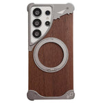 Custodia per telefono magnetica senza cornice in metallo e legno di noce leopardato con rotazione a 360°., For Samsung Galaxy S26 Ultra 5G, For Samsung Galaxy S25 Ultra 5G, For Samsung Galaxy S24 Ultra 5G, For Samsung Galaxy S23 Ultra 5G