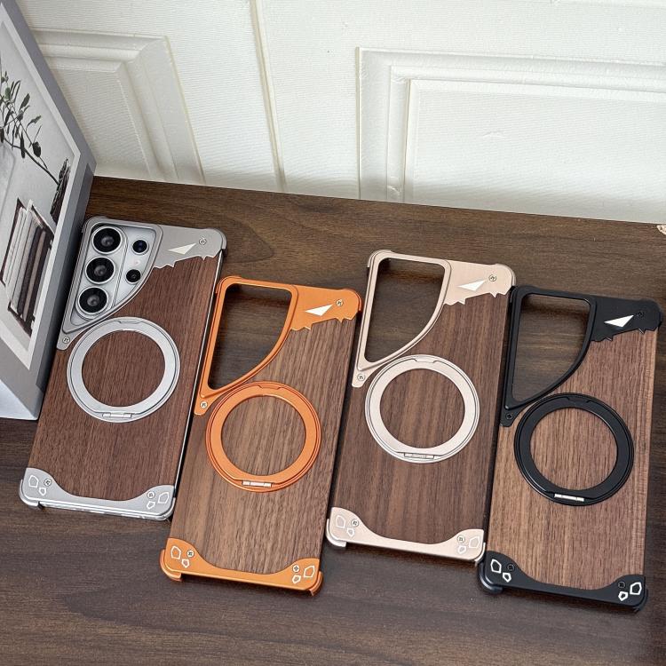 Custodia per telefono magnetica senza cornice in metallo e legno di noce leopardato con rotazione a 360°., For Samsung Galaxy S26 Ultra 5G, For Samsung Galaxy S25 Ultra 5G, For Samsung Galaxy S24 Ultra 5G, For Samsung Galaxy S23 Ultra 5G