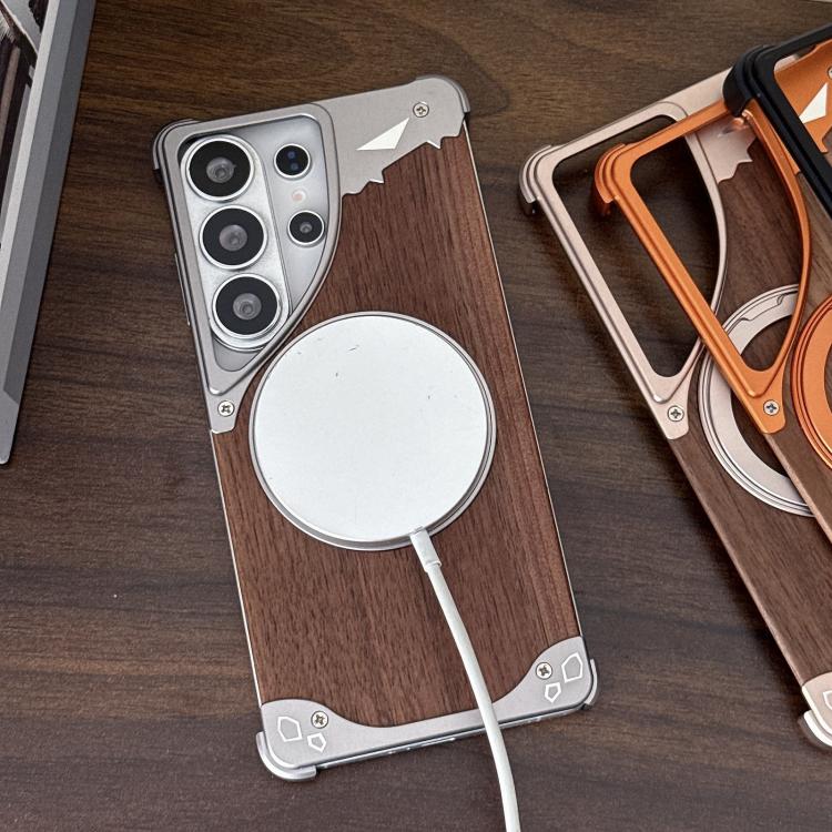 Custodia per telefono magnetica senza cornice in metallo e legno di noce leopardato con rotazione a 360°., For Samsung Galaxy S26 Ultra 5G, For Samsung Galaxy S25 Ultra 5G, For Samsung Galaxy S24 Ultra 5G, For Samsung Galaxy S23 Ultra 5G