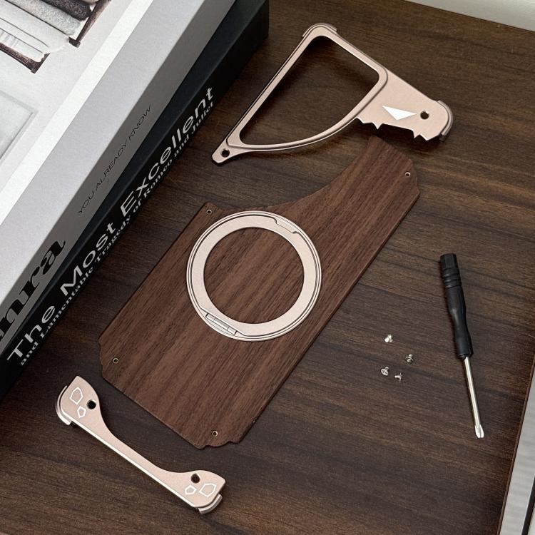 Custodia per telefono magnetica senza cornice in metallo e legno di noce leopardato con rotazione a 360°., For Samsung Galaxy S26 Ultra 5G, For Samsung Galaxy S25 Ultra 5G, For Samsung Galaxy S24 Ultra 5G, For Samsung Galaxy S23 Ultra 5G