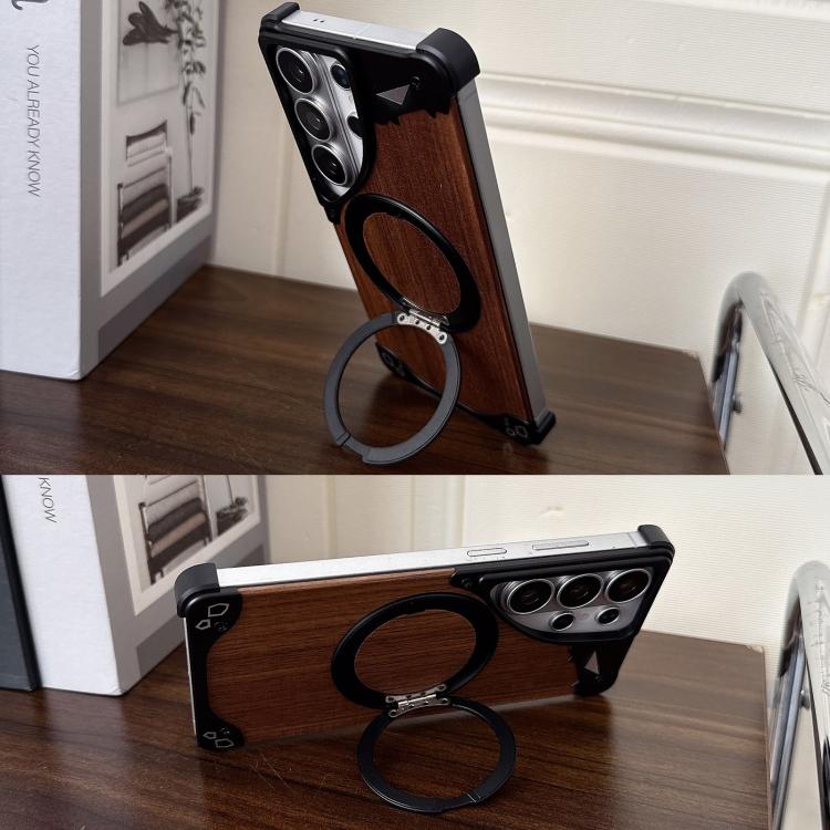 Custodia per telefono magnetica senza cornice in metallo e legno di noce leopardato con rotazione a 360°., For Samsung Galaxy S26 Ultra 5G, For Samsung Galaxy S25 Ultra 5G, For Samsung Galaxy S24 Ultra 5G, For Samsung Galaxy S23 Ultra 5G