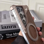 Custodia per telefono magnetica senza cornice in metallo e legno di noce leopardato con rotazione a 360°., For Samsung Galaxy S26 Ultra 5G, For Samsung Galaxy S25 Ultra 5G, For Samsung Galaxy S24 Ultra 5G, For Samsung Galaxy S23 Ultra 5G