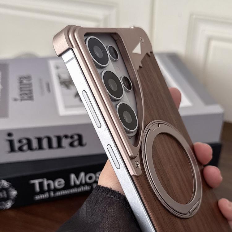 Custodia per telefono magnetica senza cornice in metallo e legno di noce leopardato con rotazione a 360°., For Samsung Galaxy S26 Ultra 5G, For Samsung Galaxy S25 Ultra 5G, For Samsung Galaxy S24 Ultra 5G, For Samsung Galaxy S23 Ultra 5G