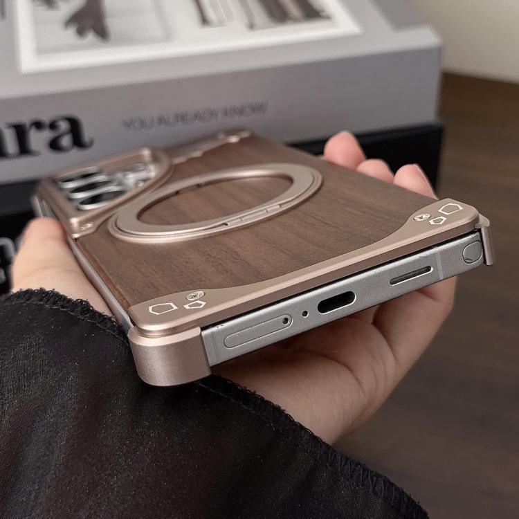 Custodia per telefono magnetica senza cornice in metallo e legno di noce leopardato con rotazione a 360°., For Samsung Galaxy S26 Ultra 5G, For Samsung Galaxy S25 Ultra 5G, For Samsung Galaxy S24 Ultra 5G, For Samsung Galaxy S23 Ultra 5G
