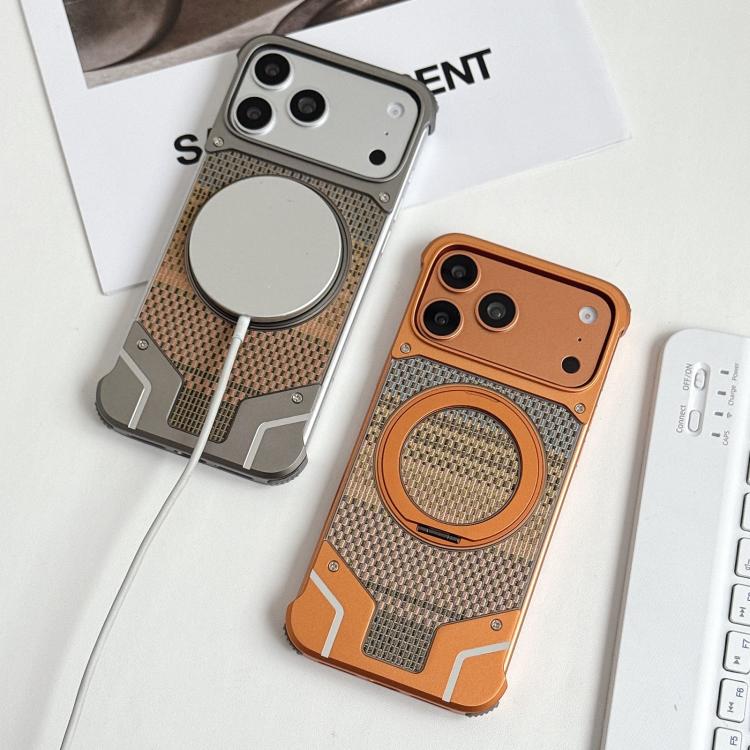 Custodia per telefono con supporto magnetico senza cornice e armatura intrecciata., For iPhone 15 Pro Max, For iPhone 15 Pro, For iPhone 15 Plus, For iPhone 15