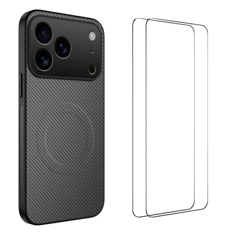 Custodia per telefono WANLONFENG serie TQ1 con texture in fibra di carbonio magnetica e 2 pellicole protettive per lo schermo., For iPhone 17e / 16e, For iPhone 17 Pro Max, For iPhone 17 Pro, For iPhone 17, For iPhone Air, For iPhone 16 Pro Max