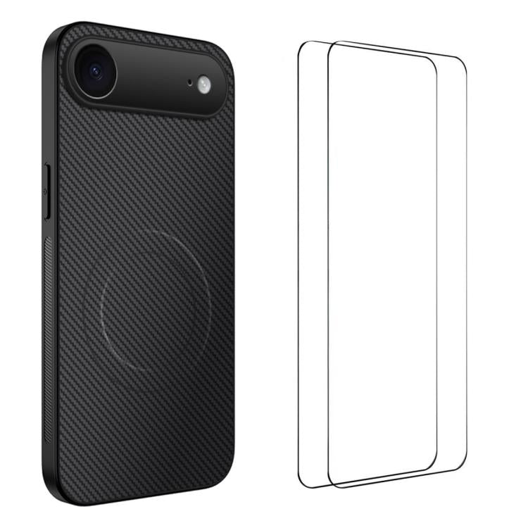 Custodia per telefono WANLONFENG serie TQ1 con texture in fibra di carbonio magnetica e 2 pellicole protettive per lo schermo., For iPhone 17e / 16e, For iPhone 17 Pro Max, For iPhone 17 Pro, For iPhone 17, For iPhone Air, For iPhone 16 Pro Max