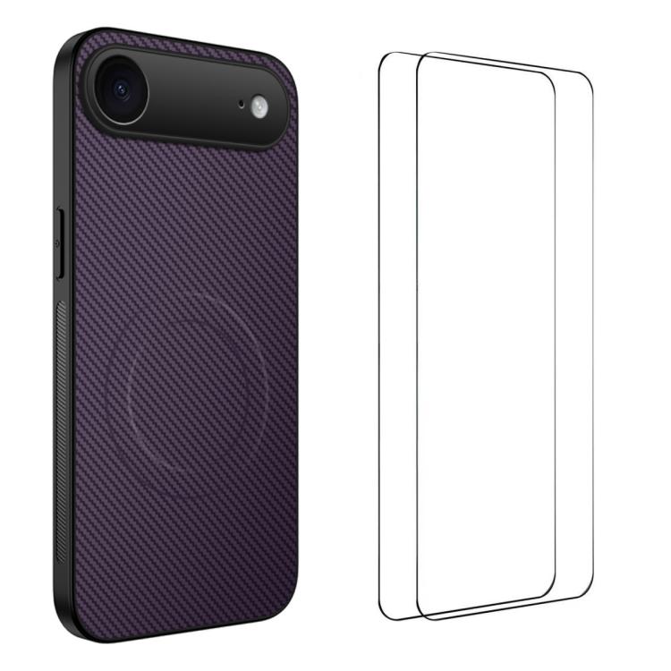 Custodia per telefono WANLONFENG serie TQ1 con texture in fibra di carbonio magnetica e 2 pellicole protettive per lo schermo., For iPhone 17e / 16e, For iPhone 17 Pro Max, For iPhone 17 Pro, For iPhone 17, For iPhone Air, For iPhone 16 Pro Max