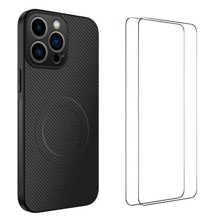 Custodia per telefono WANLONFENG serie TQ1 con texture in fibra di carbonio magnetica e 2 pellicole protettive per lo schermo., For iPhone 17e / 16e, For iPhone 17 Pro Max, For iPhone 17 Pro, For iPhone 17, For iPhone Air, For iPhone 16 Pro Max